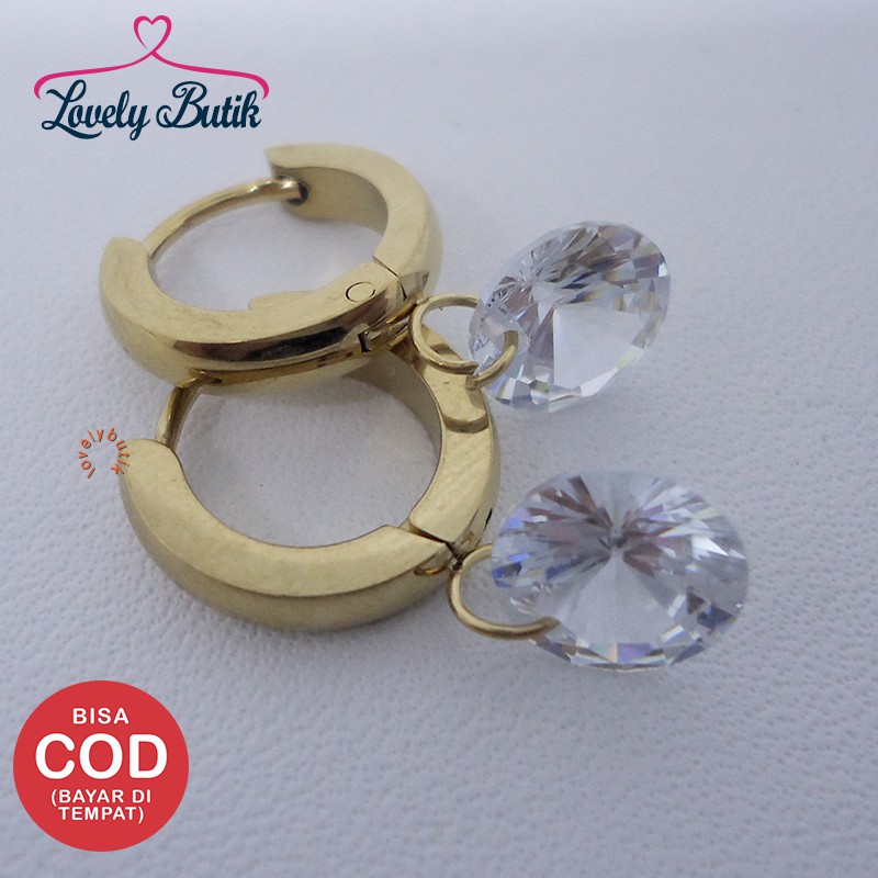 Lovelybutik Anting Titanium Wanita Anti Karat Olivia Anting Model Gantung Kristal
