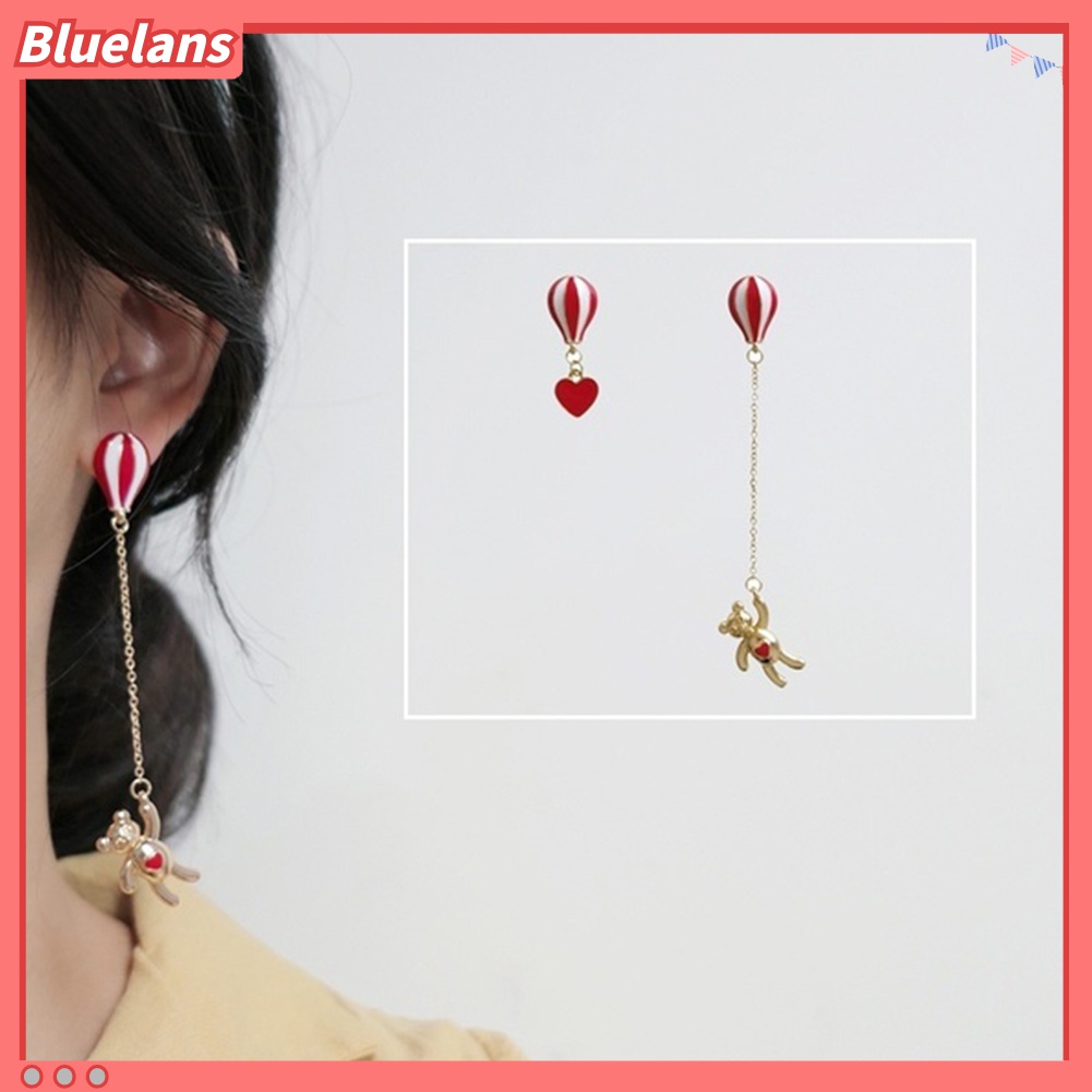 Anting Stud Menjuntai Bentuk Hati Beruang Balon Udara Asimetris Untuk Perhiasan Wanita