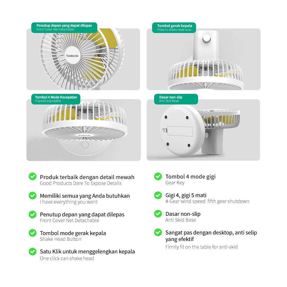 Kipas Angin Meja Lipat  Portable Bisu Usb Cas 2000mAh Putar Naik Dan Turun 180° Terapkan ke Kantor / Perpustakaan / Tidur