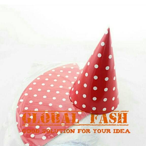 Topi polkadot merah / topi kerucut polkadot/ topi ultah merah polkadot/