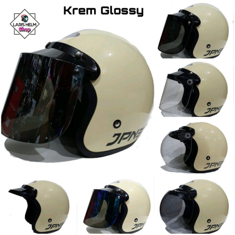 Helm Motor Retro Jpn KREM GLOSSY Pria Wanita Dewasa Berhijab