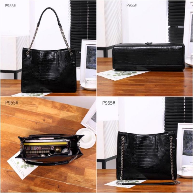 Tas YSL Niki Medium Croco Leather Tote Bag P955 Platinum (Kode: YSL186