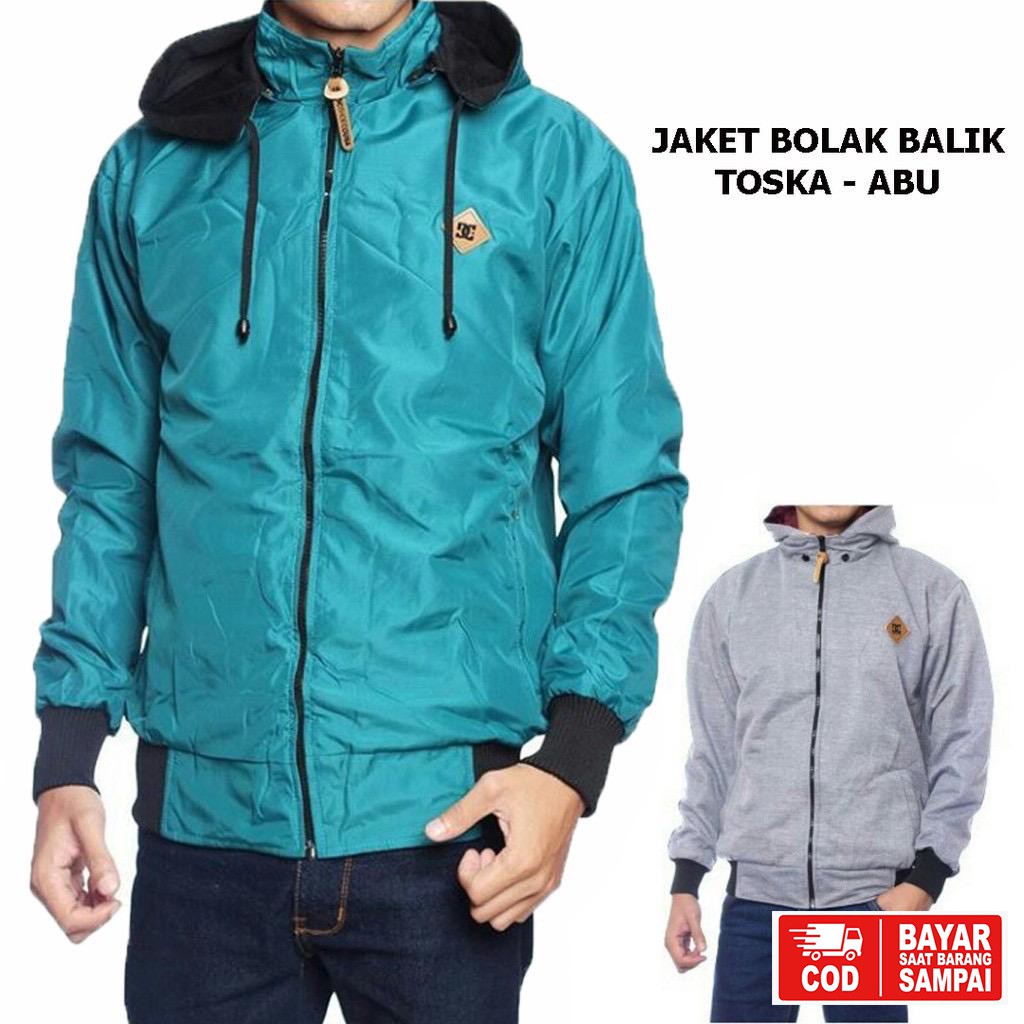 JAKET DC BOLAK BALIK / JAKET MOTOR / JAKET PARASUT HITAM-ABU-TOSKA-ABU