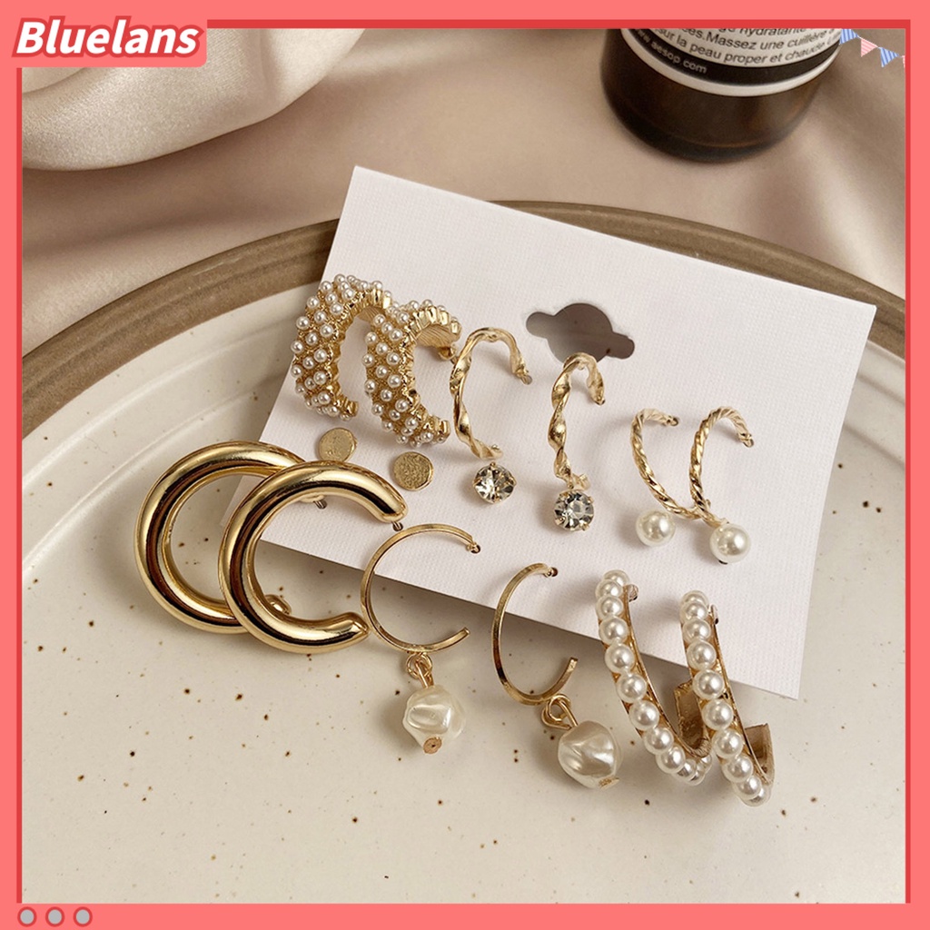 Bluelans 9 Pasang Anting Mutiara Berlian Imitasi Bentuk Bulat Menjuntai Untuk Wanita