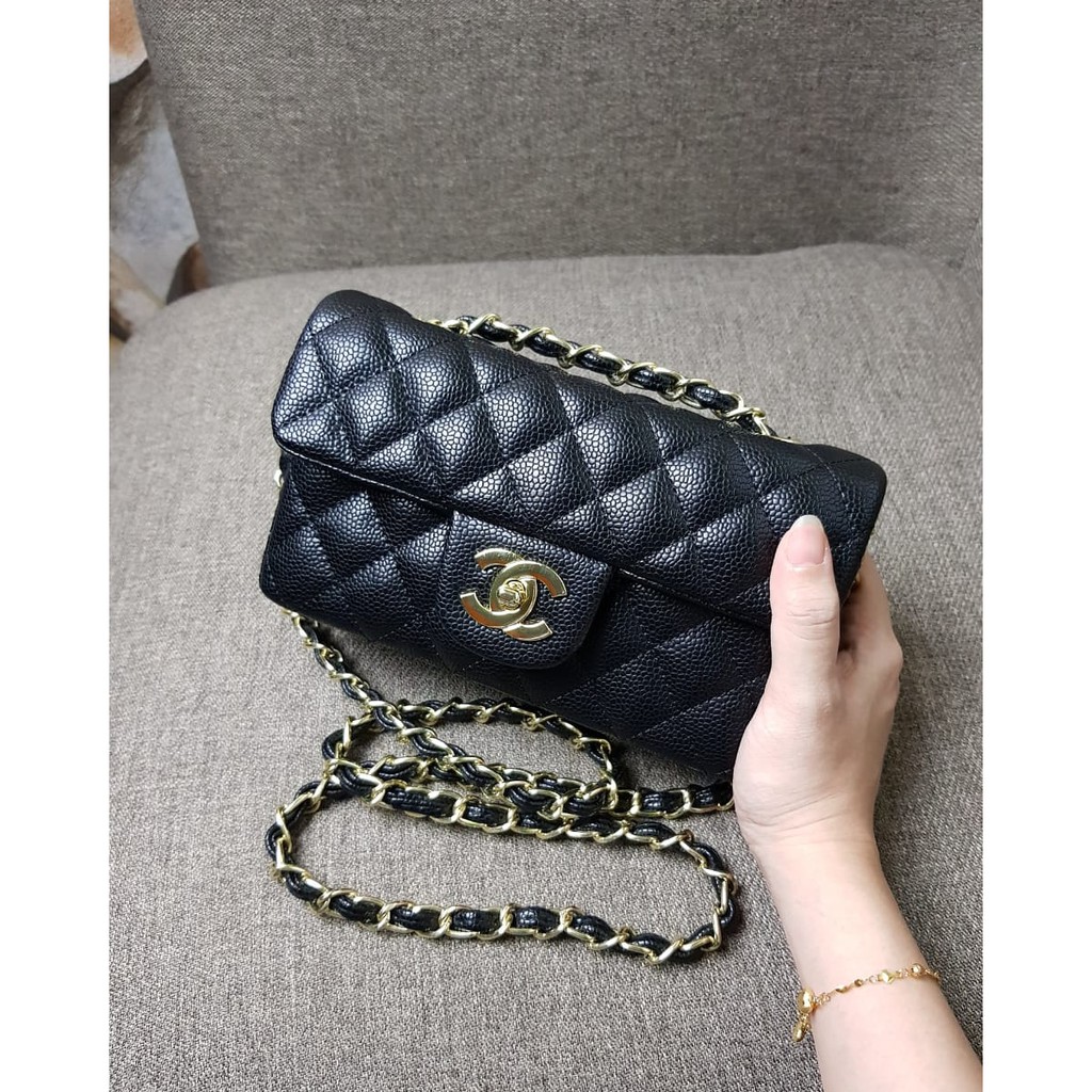 Tas Chanel Mini Flap Rectangular Caviar HITAM LOGAM GOLD AC1117-1