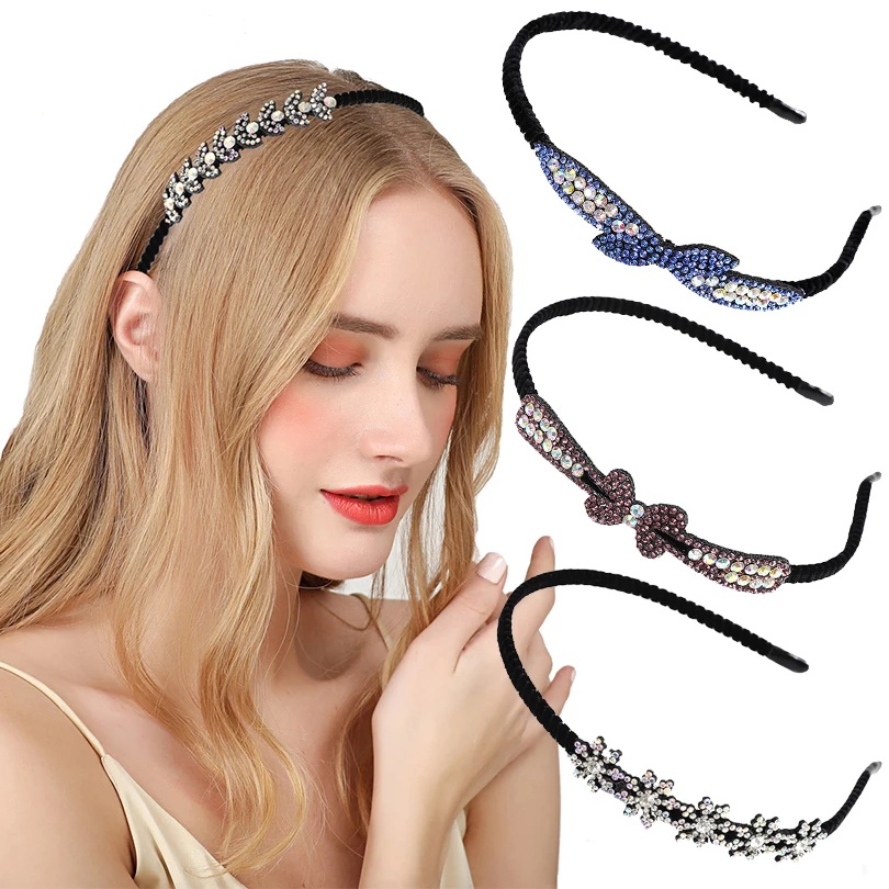 Fashion Headband Non-Slip Bezel Colorful Rhinestone Flower Hair Hoop Band Elastic Hair Band for Women Hair Accessories