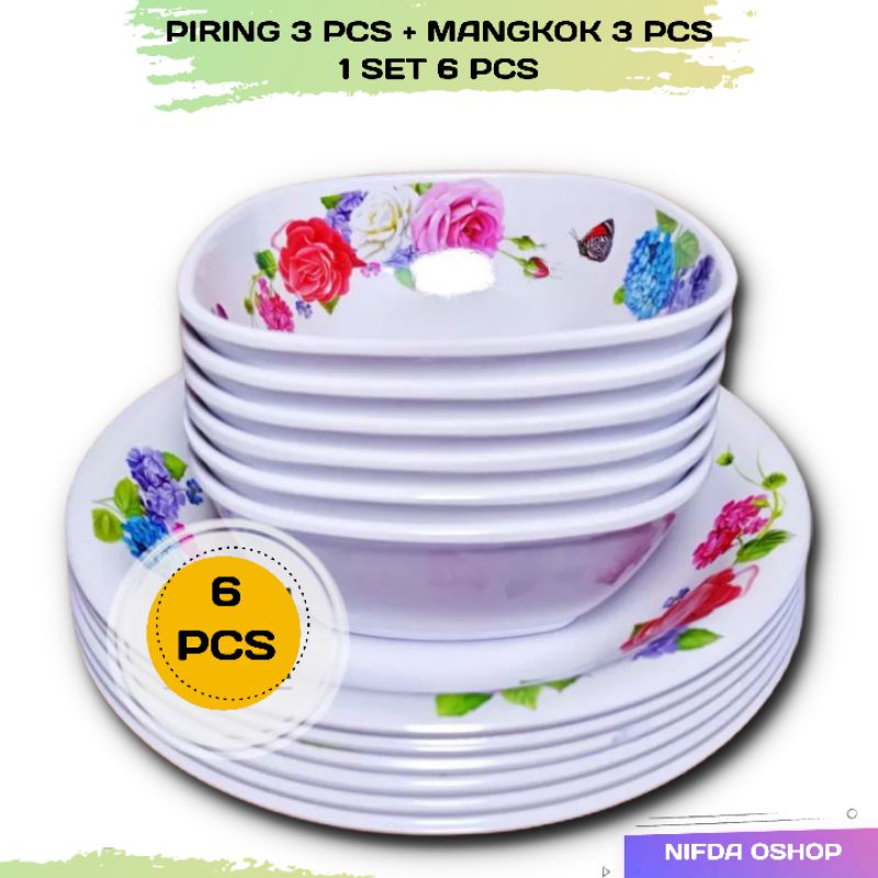 Set Piring Mangkok Melamin 6 PCS Motif Bunga