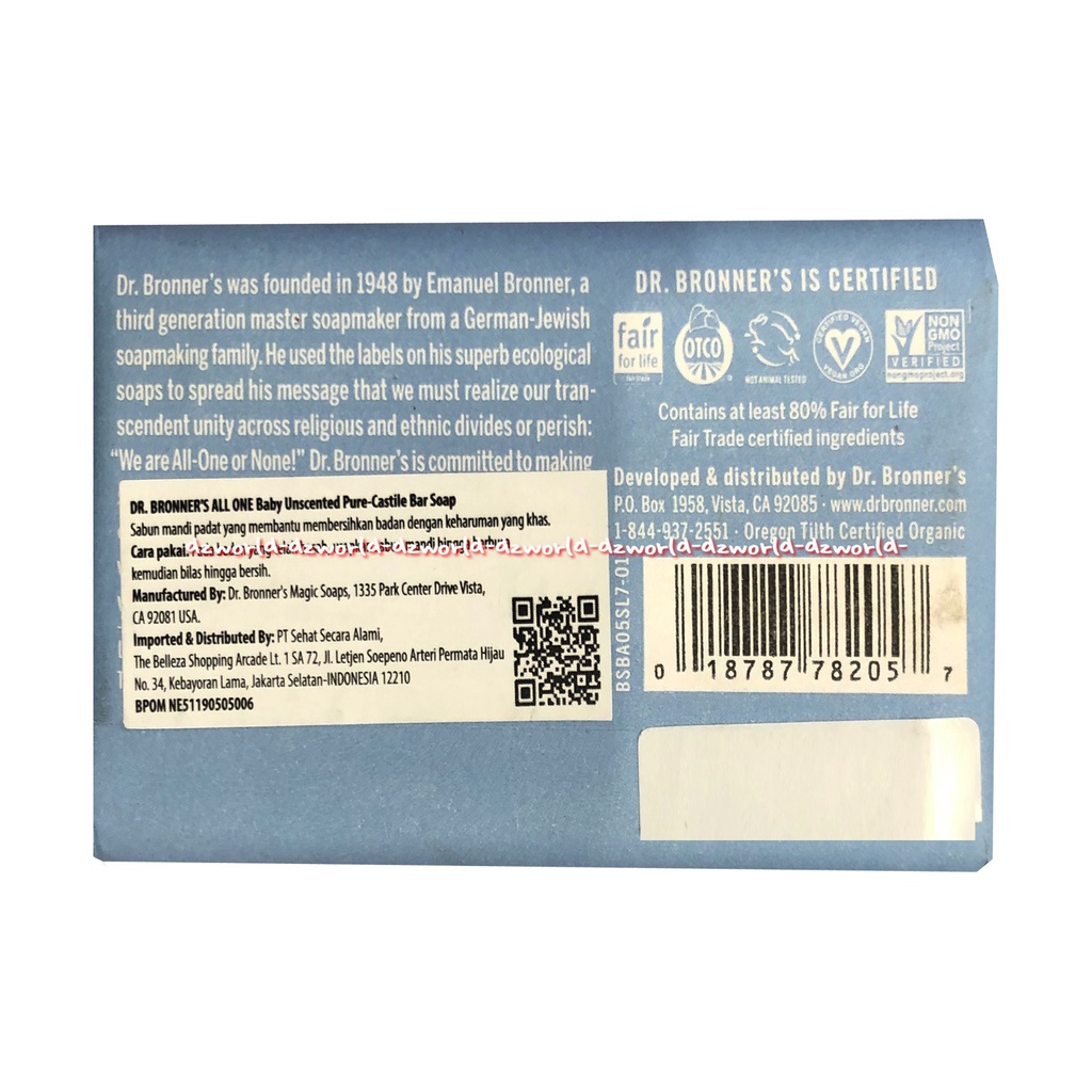 Dr Bronner's140gr All One Rose Almond Peppermint Unscented Lavender Pure Castile Bar Soap Sabun Batang Sabun Mandi Dr Bronners drbronners Dr Broner Bronner