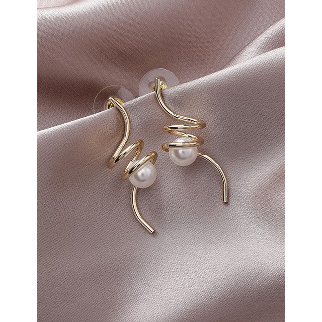 LRC Anting Tusuk Fashion Gold 925 Silver Needle Geometric Spiral Metal Wrap Pearl Earrings D24595