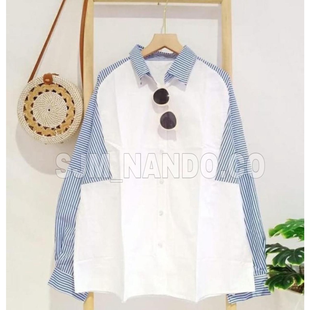 SJM kemeja wanita salur kombinasi lengan panjang kualitas import 710&707-8