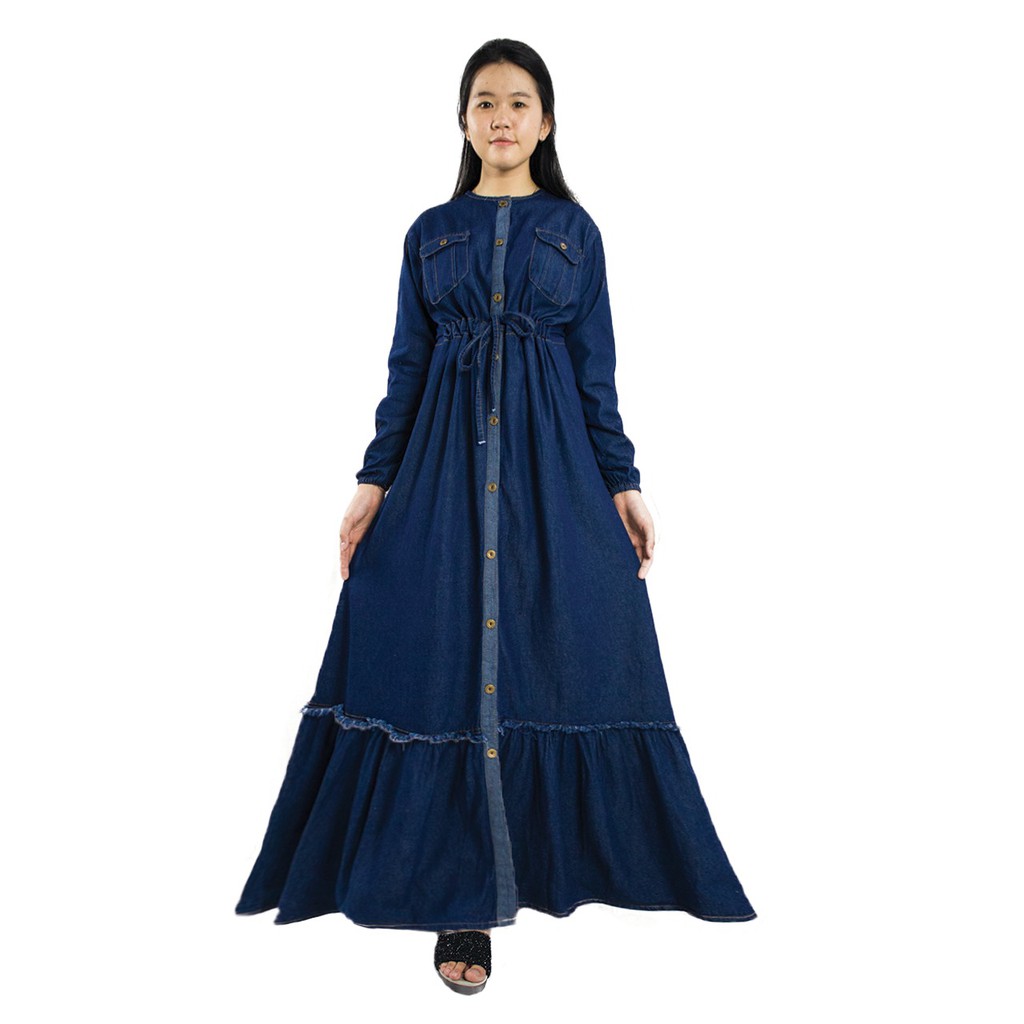 SB Collection Dress Maxi Lifa Gamis Long Casual Payung Jeans Wanita