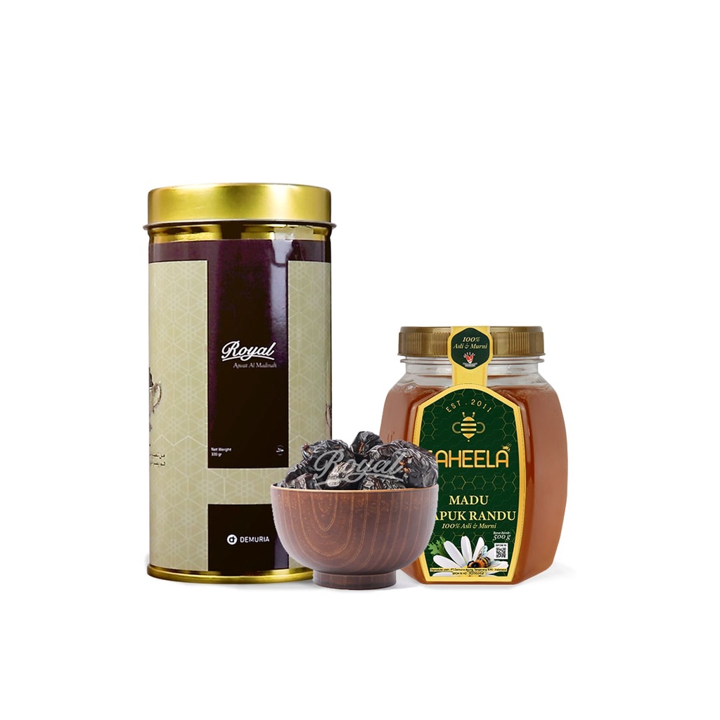 

Paket Kurma Ajwa Royal Dates 330 gr + Madu Murni Saheela 500 gram Raw Honey