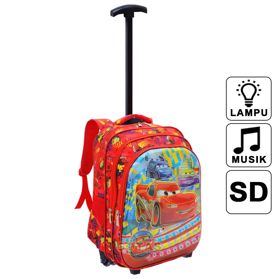 Tas Troli Sekolah SD Karakter Cars 7 Dimensi 3 Kantong Lampu Musik Trolley
