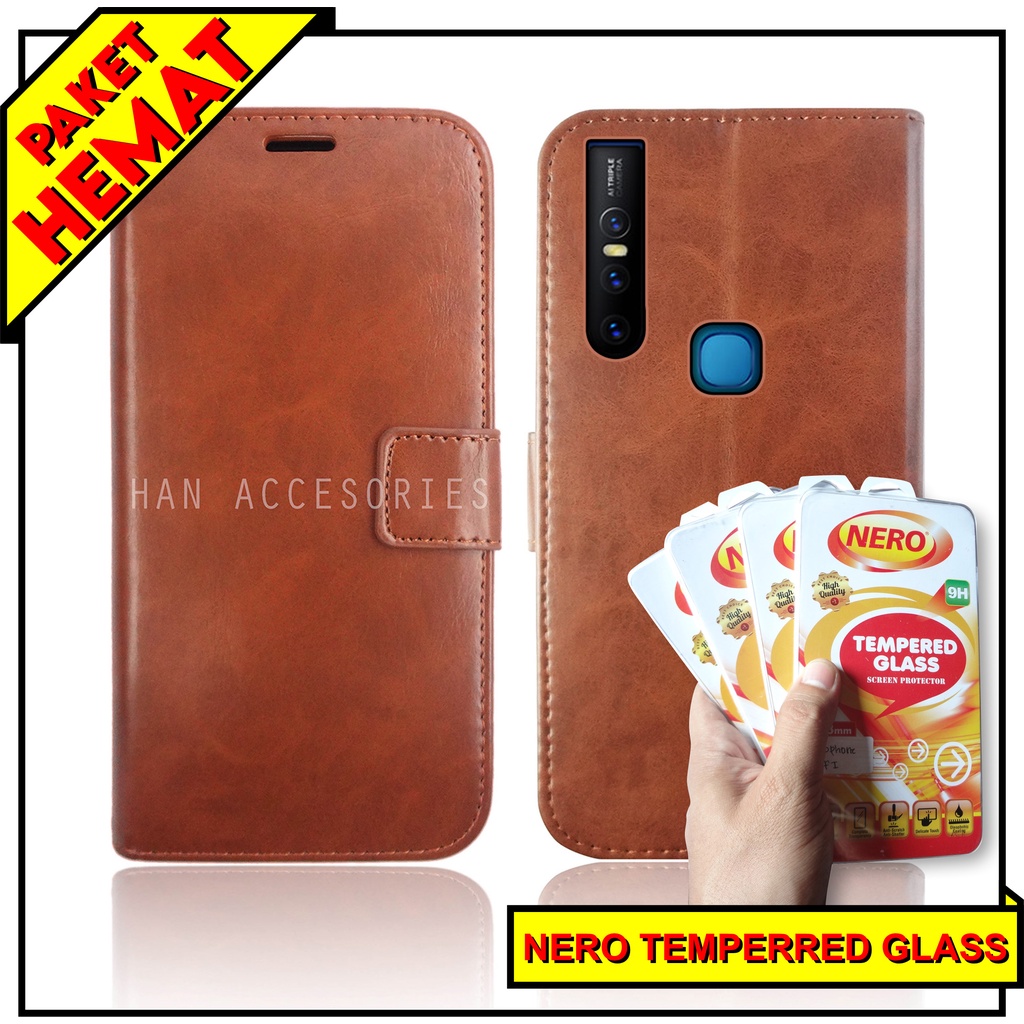 (PAKET HEMAT) Fashion Selular Flip Leather Case VIVO V15 / V15 PRO / V17 PRO Flip Cover Wallet Case Flip Case + Nero Temperred Glass