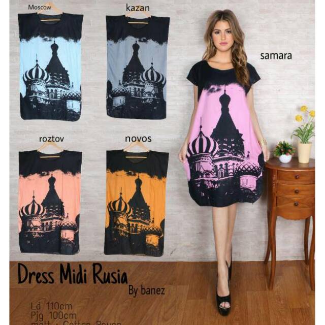 Dress midi anggun, cantik nan elok. Berbahan katun santung-motif moscow
