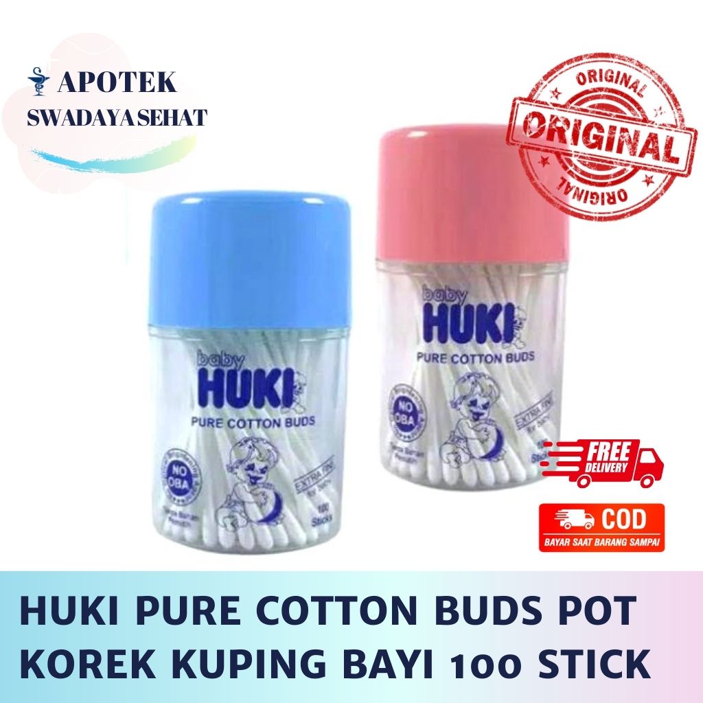 HUKI PURE CUTTON BUDS Pot Extra Fine Isi 100 Stick - Korek Kuping Bayi Lembut Anak Pembersih Telinga