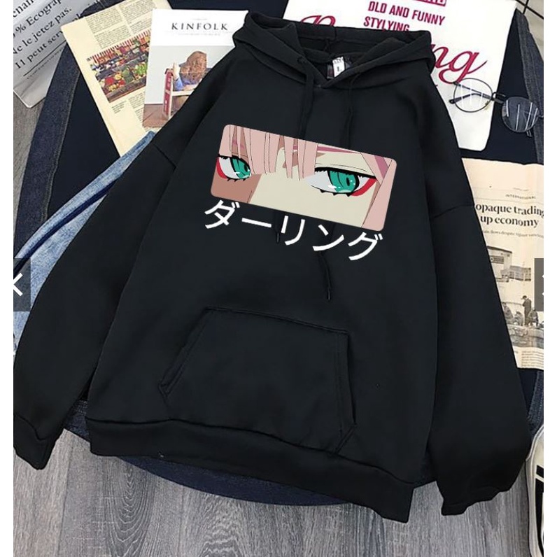 IvannaCollection Sweater Hoodie Anime Wanita Pria Oversize Tebal Warna Hitam Jaket Hodie Jumbo Couple Pasangan Darling In The Franxx