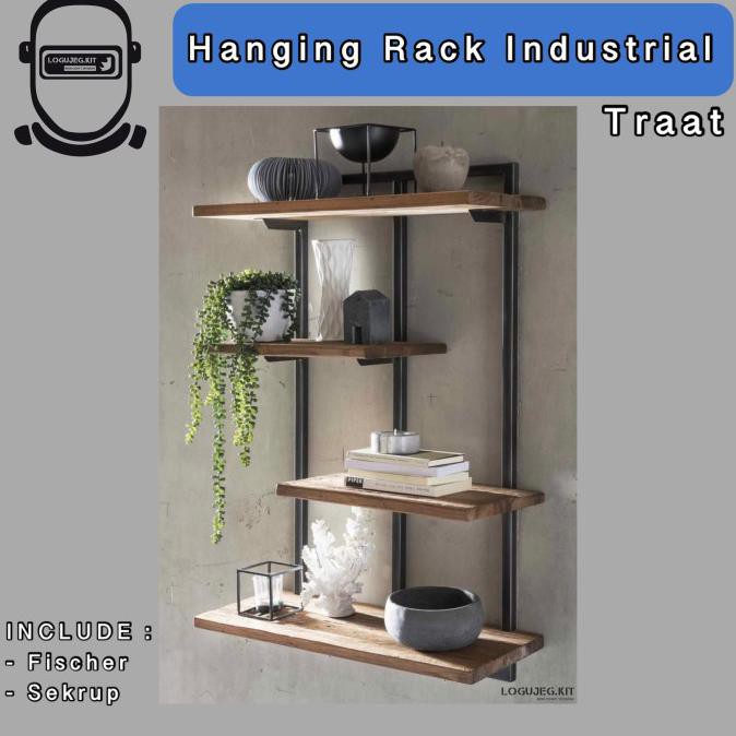 Traat Rak Dinding Lebar Ambalan Kayu Besi Dekorasi Industrial /Vintage - Teak Brown, 50 Cm Kaktiara_