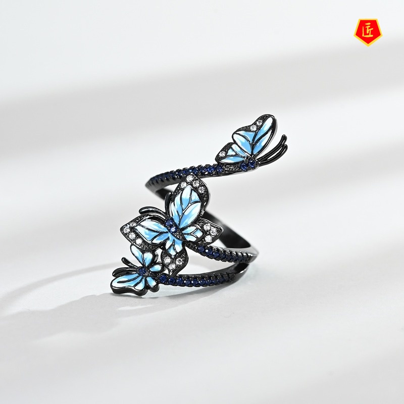 [Ready Stock]Three Butterfly Black Gold Ring Creative Elegant Ear Studs Suit for Women