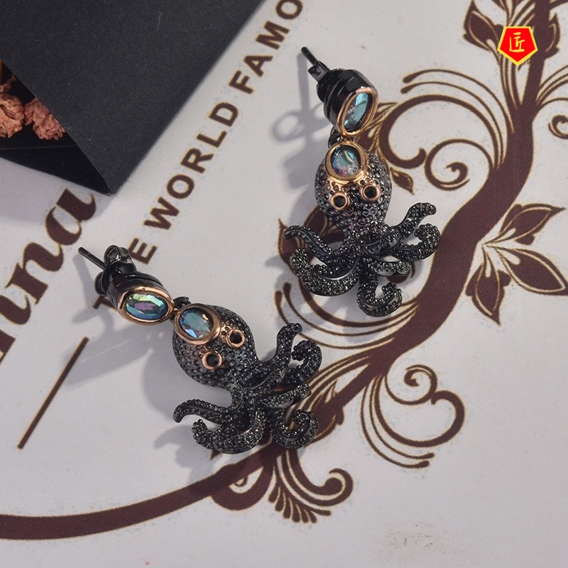 [Ready Stock]Black Gold Squid Ring Creative Octopus Earings Set