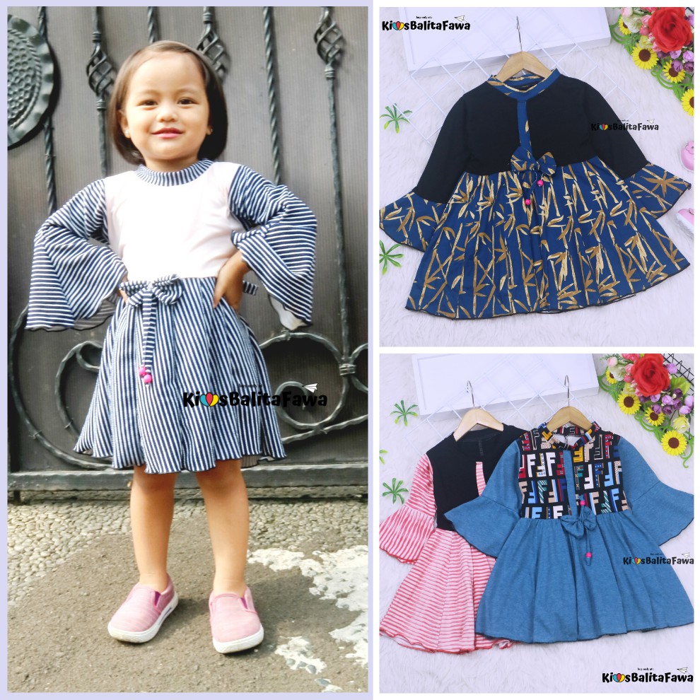 Dress Sissy 1-8 Tahun / Dress Anak Lengan Panjang 3/4 Baju Perempuan Dres Terompet Cutbray Blouse