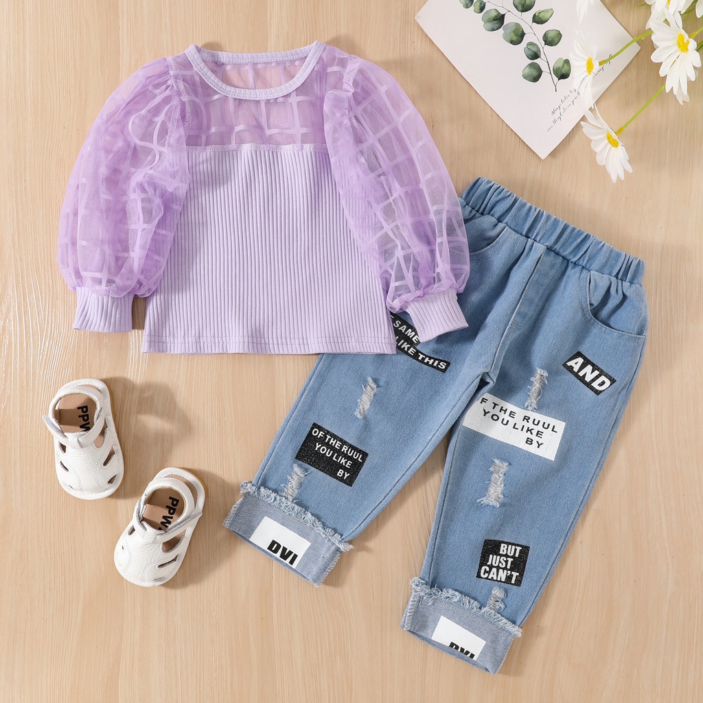 SSP79-Setelan Set Anak Perempuan Kaos Rajut + Rip Jeans Tulisan But Just Can't