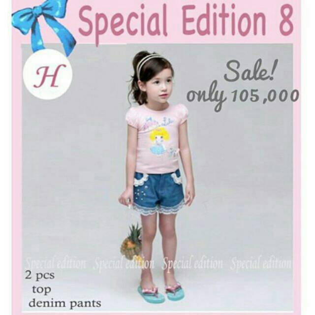 GW SE 8 Top + Celana Jeans Denim Setelan Anak Perempuan Pink