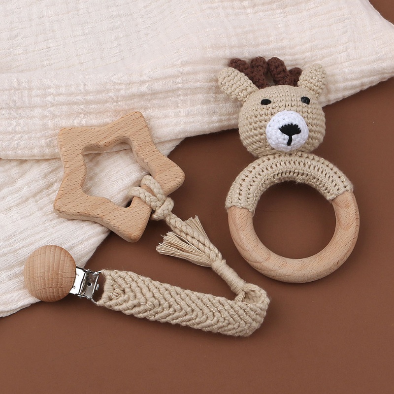 Mary 3PCS / Set Mainan Rattle / Teether / Gigitan Bayi Bahan Kayu Beech