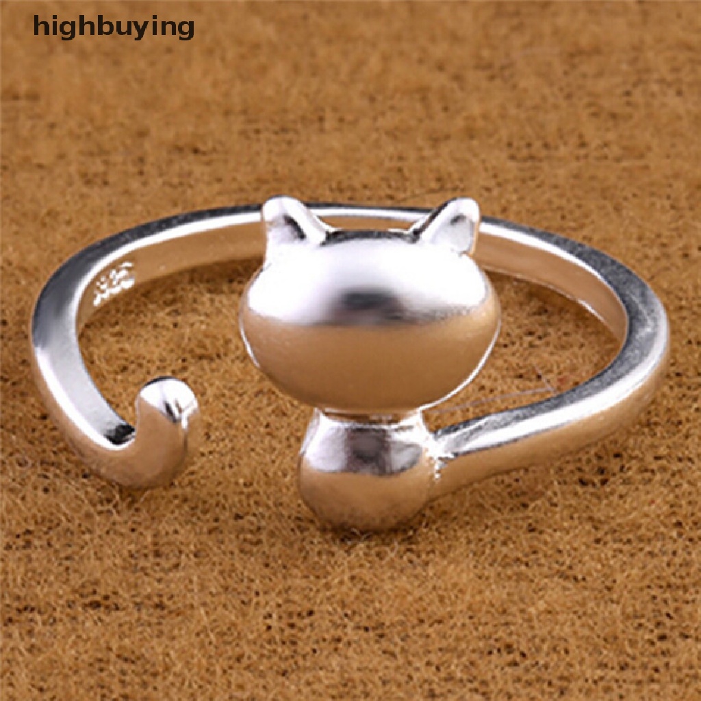 Hbid Cincin Terbuka Adjustable Lapis Silver Model Kucing Untuk Wanita