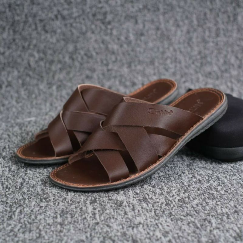 BRLN 004 Brown Sandal Pria Casual Kulit Asli Sendal Slide Sndal Selop Santai Klasik Murah