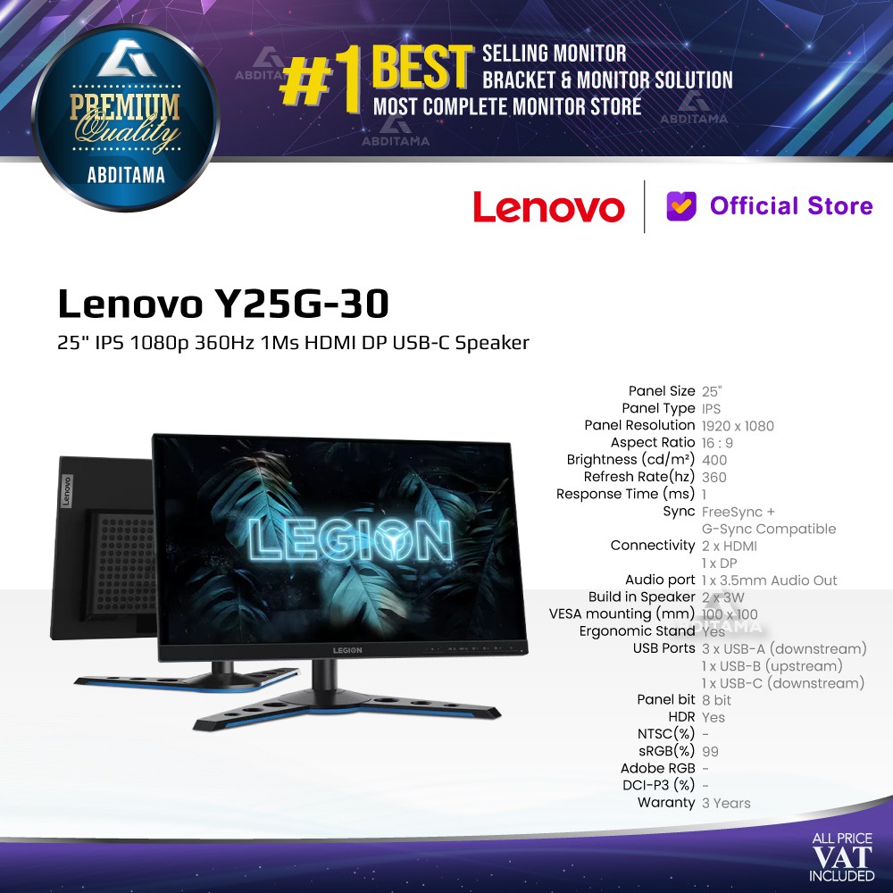 Monitor Lenovo Y25G-30 25&quot; IPS 1080p 360Hz 1Ms HDMI DP USB-C Speaker