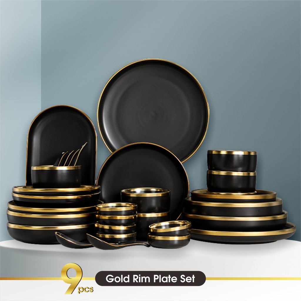 Set 9 &amp; 26 PCS Piring Mangkok Makan Hitam Keramik Pinggiran Emas Cantik Ceramic Mewah Western Steak Gold Rim Plate