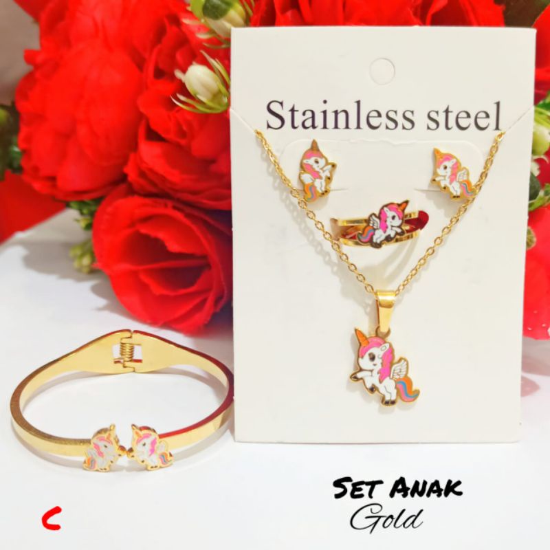 Set TITANIUM Perhiasan Anak TITANIUM karakter kuda poni GOLD tidak karat &amp; tidak luntur