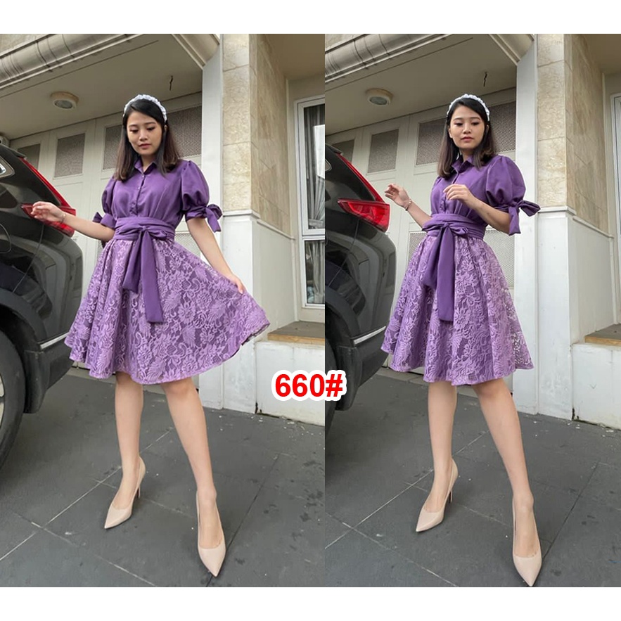 Dress Natal 660 # / Fashion Baju Pesta Wanita / Midi Dress Brukat MIX Moscrepe PREMIUM