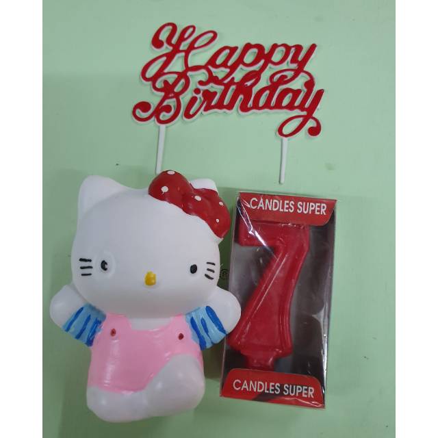 

Aksesoris ulang tahun/untuk kue tart mainan hello kitti baris( tinggi 7cm)+lilin angka+HBD Rp.12500