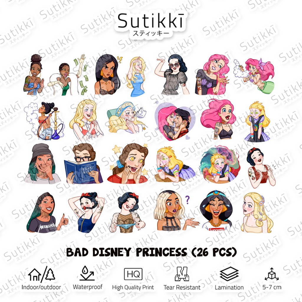 Sutikki | Sticker Pack Badass Disney Princess Bad Adult Stickers Stiker Laptop Vinyl Full Decal Bomb