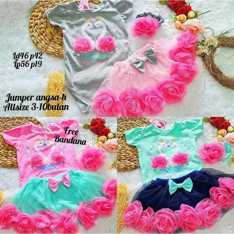 SETELAN BAJU BAYI PEREMPUAN 0-18 BULAN / SET JUMPER ROK TUTU FREE BANDO ANGSA / SETELAN BAJU BAYI CEWEK LUCU / SETELAN ROK TUTU ANGSA BAYI