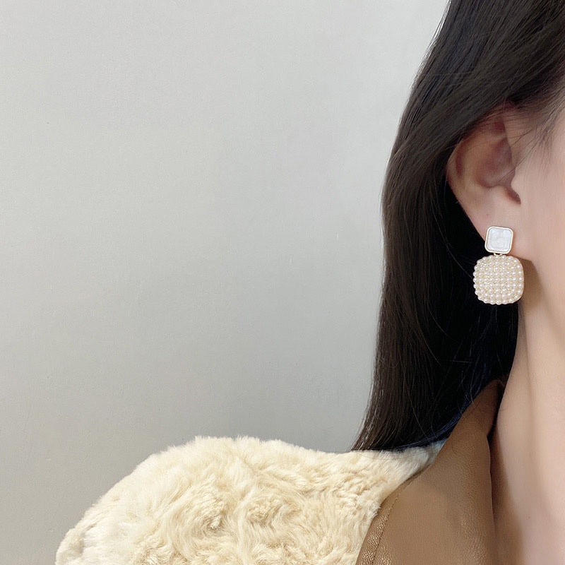 Anting Tusuk Gantung Bahan Sterling Silver 925 Desain Geometri Hias Mutiara Untuk Wanita