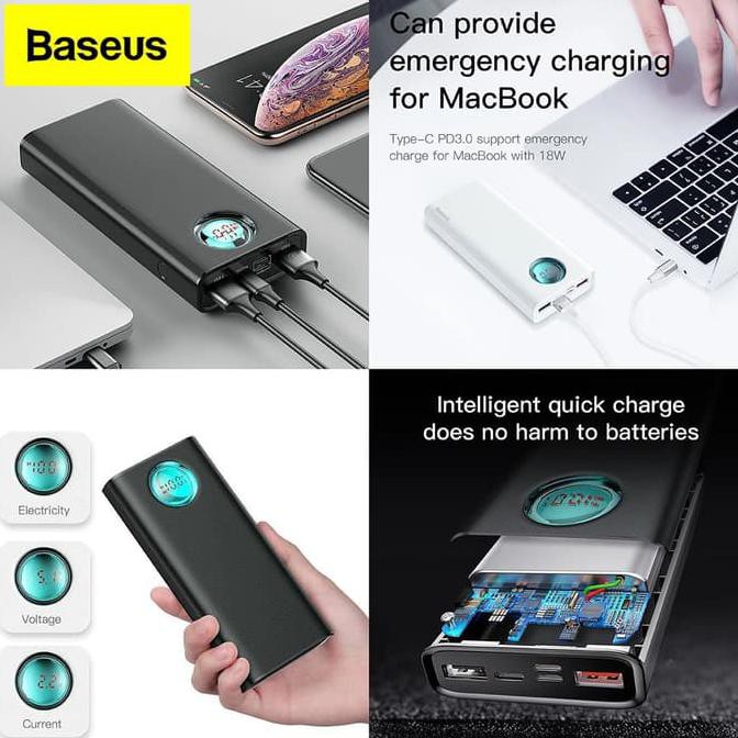 IREADY STOCKl BASEUS Amblight PowerBank 20000 mAh Digital Display PD3.0+QC3.0 Type C - Putih