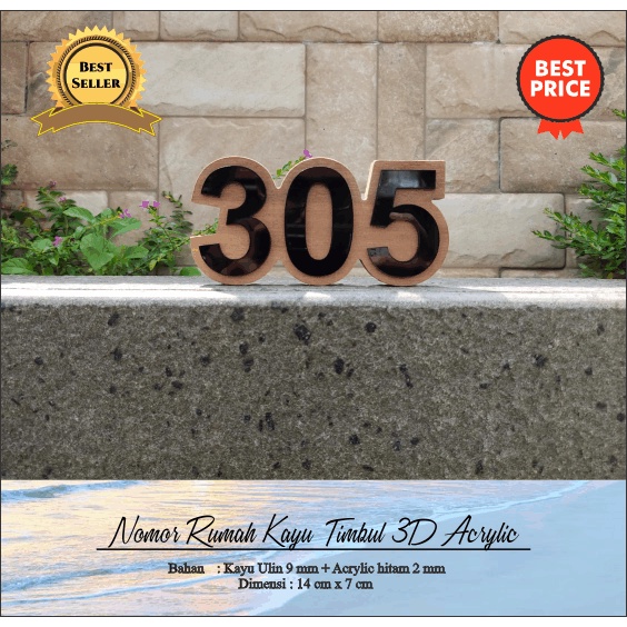 Nomor Rumah Kayu Timbul 3D Acrylic