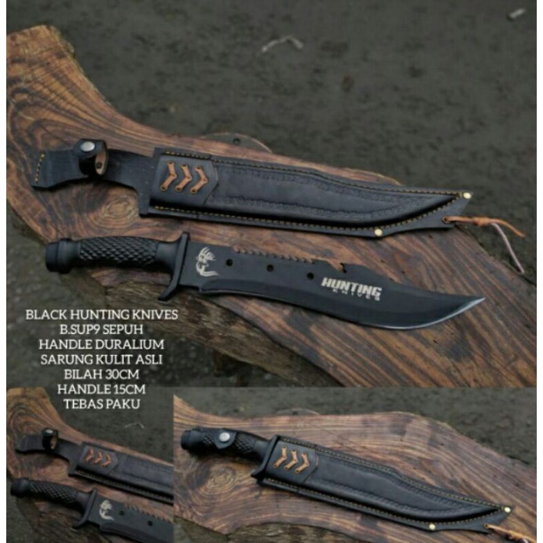 black hunting knives genuine leather case