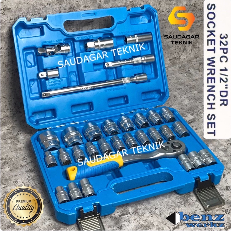 Kunci Shock Set 32 Pcs 1/2&quot; 6PT 12PT Benz Sok Set Socket Wrench Set 1/2 Inch 6 PT 12 PT