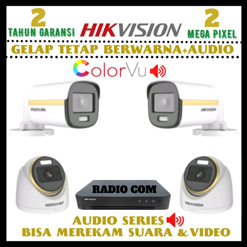 PAKET CCTV HIKVISION COLORVU 2MP 4 CHANNEL 4 KAMERA AUDIO FUL COLOR SIANG MALAM BERWARNA