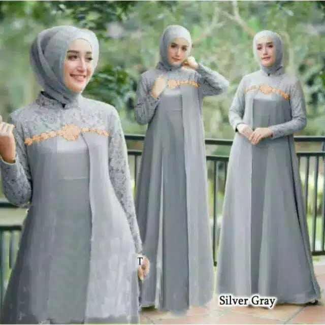 GAMIS MAXI ZELIA/Moscrepe kombinasi Brukat lapis furing/No Jilbab - Hijau Botol, M