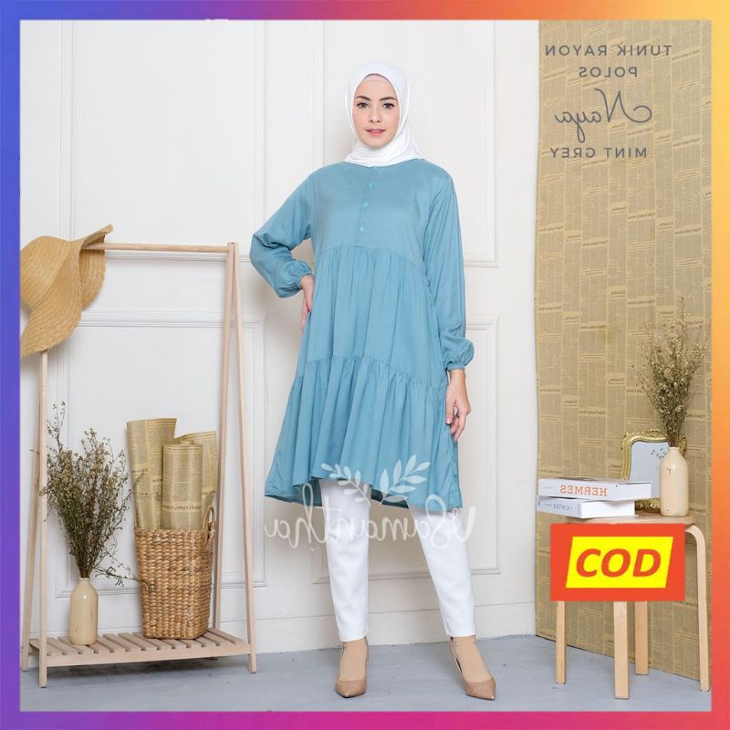 Raszi Official Tunik Muslim Polos Lengan Panjang Motif Rempel Bahan Rayon Premium Warna Mintgrey