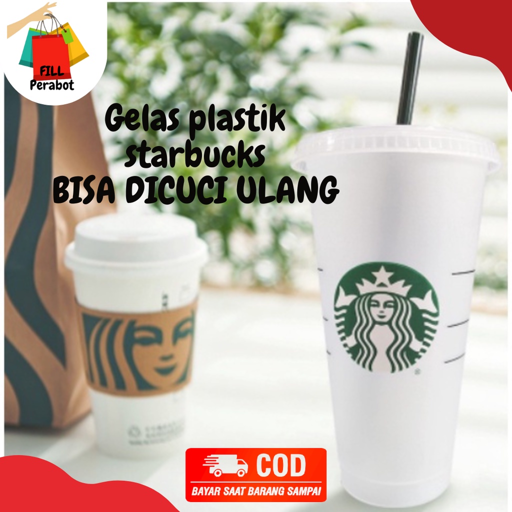 GELAS PLASTIK STARBUCKS + TUTUP FLAT ASLI ORIGINAL / GELAS STARBUCKS BISA DICUCI ULANG / GELAS PLAST