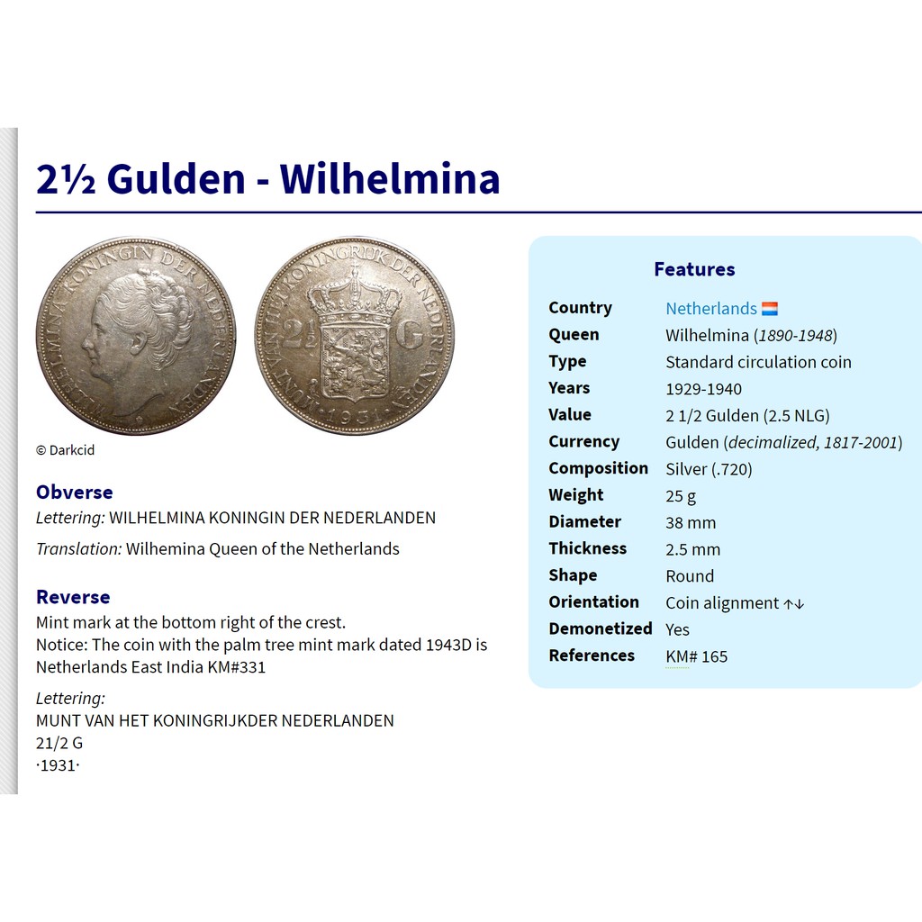 Koin Perak Wilhelmina Koningin 2 1/2 Gulden Tahun 1930