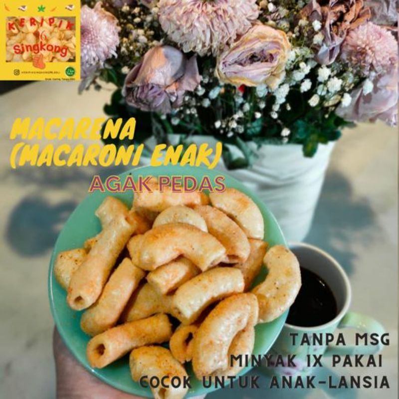 

MACARENA (MACARONI ENAK) BAWANG PUTIH (AGAK PEDAS) CEMILAN ANAK - LANSIA (TANPA PENGAWET TANPA MSG)