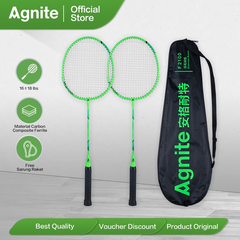Agnite Badminton Racket / Raket Badminton / Raket Bulu Tangkis Hijau Isi 2 Gratis Tas Raket F2100