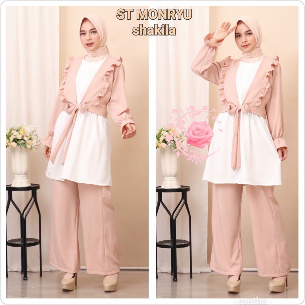 SETELAN MONRYU 2ukuran/ SET FASHION WANITA TERLARIS / MODEL CARDIGAN JUMPSUIT / BAHAN SHAKILA